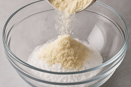 Harina de almendras Bol de cocina con harina de almendras y azúcar glas tamizados, los ingredientes secos de la masa de macarrón