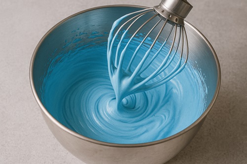 Merengue coloreado Crema lista para usar en una manga pastelera y formar los discos sobre el papel de hornear