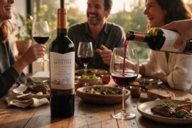Amigos compartiendo una botella de vino Carménère Castillo de Molina en la mesa