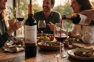 Amigos compartiendo una botella de vino Carménère Castillo de Molina en la mesa