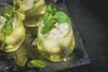 Rebujito andaluz con manzanilla gaseosa y hierbabuena en jarra con hielo