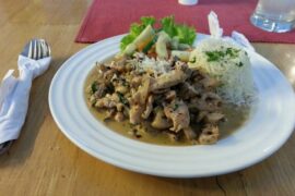 Strogonoff de pollo brasileño con arroz y papas pay receta casera